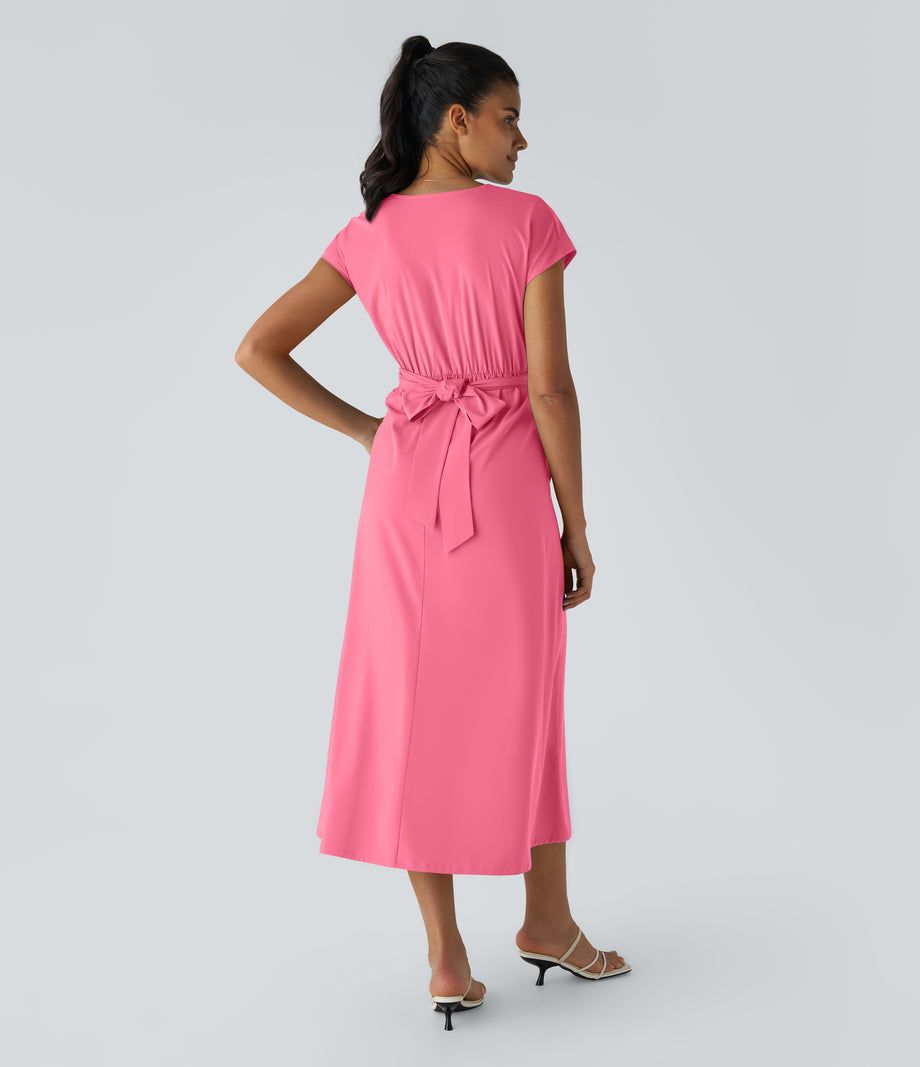 Breezeful™ V Neck Short Sleeve Pocket Tie Back Quick Dry Midi Casual Dress-Longer Length - Pink Lemonade