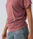 V-neck Short Sleeve Ruched Relaxed Casual Top - Brick Red Mix