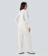 Halara Flex™ V Neck Pocket Washed Denim Casual Overalls - White Wood Denim