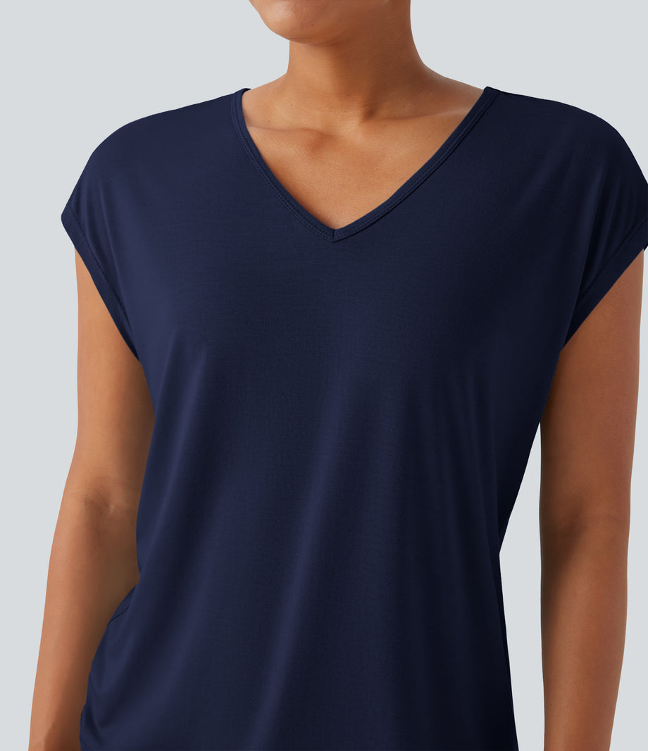 V Neck Short Sleeve Casual T-Shirt - Maritime Blue