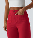 High Waisted Straight Leg Casual Linen-Feel Pants with Pockets - Cinnabar Glow Red