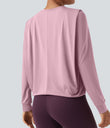 Round Neck Long Sleeve Ruched Yoga Sports Top-UPF50+ - Pink Nectar