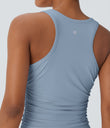 Round Neck Racerback Ruched Yoga Tank Top - Light Grey Blue