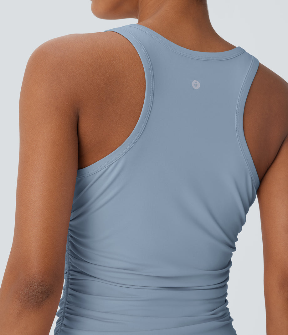 Round Neck Racerback Ruched Yoga Tank Top - Light Grey Blue