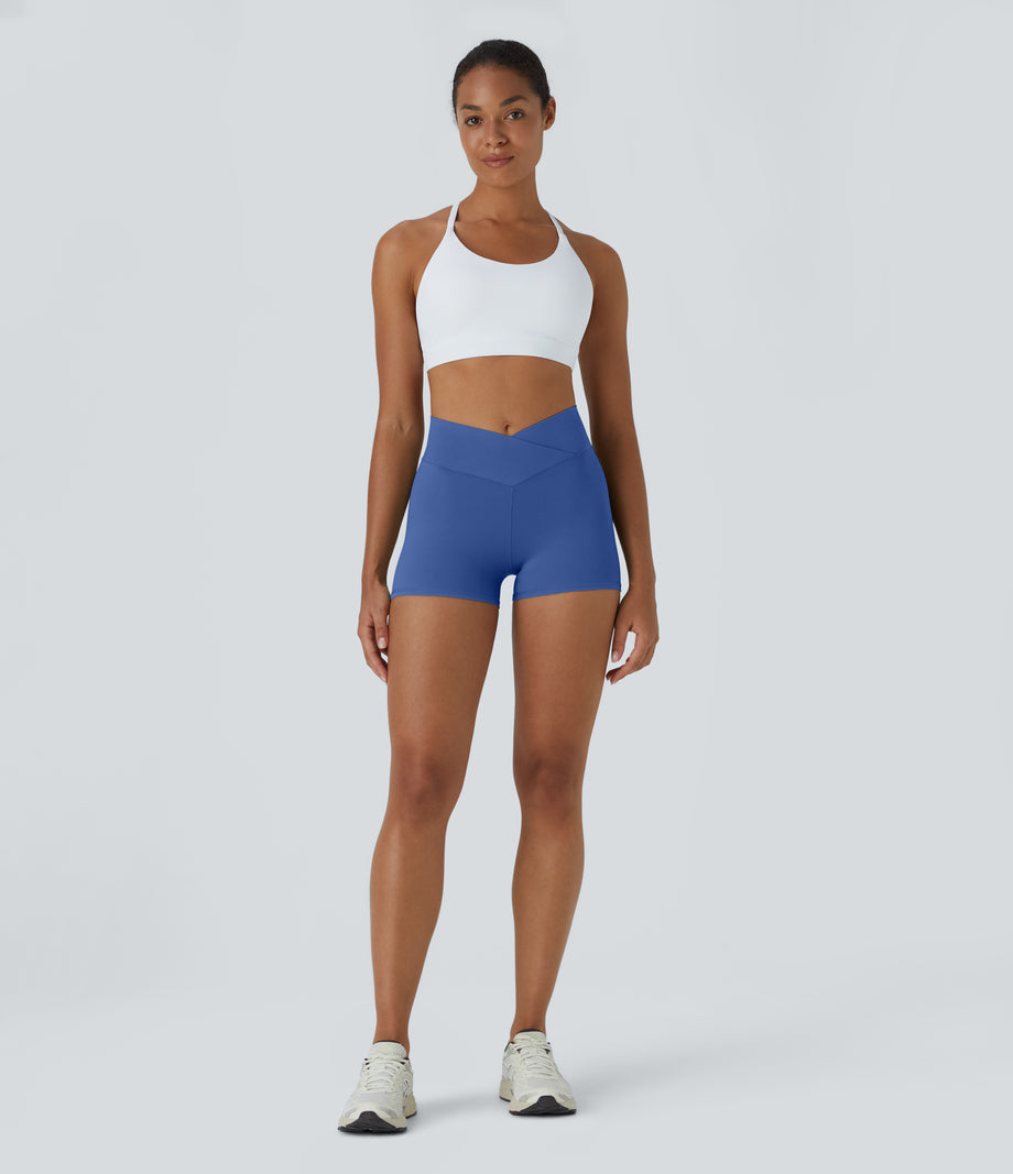 SoftlyZero™ High Waisted Crossover Plain Yoga Biker Shorts 3''-UPF50+ - Beaucoup Blue
