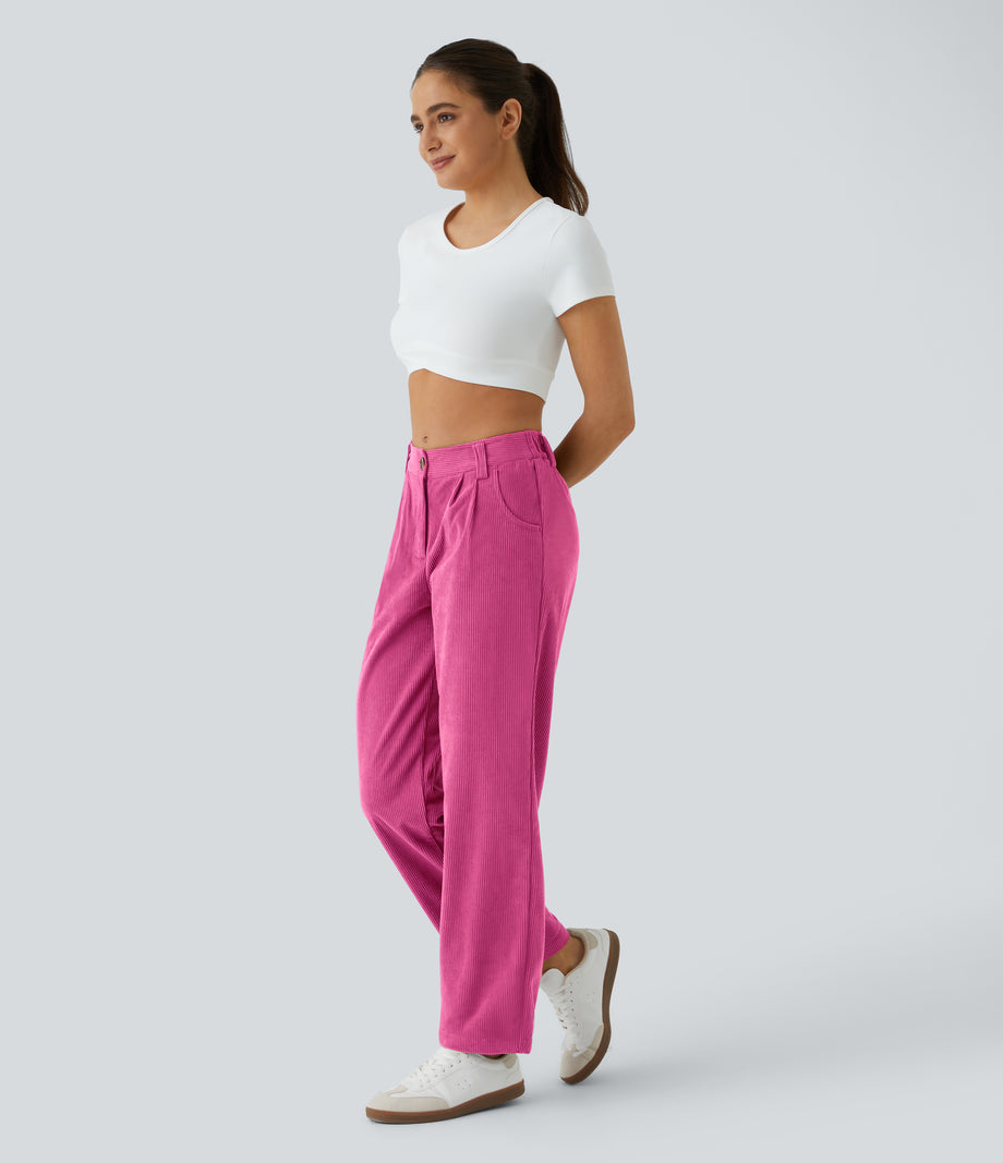 Mid Rise Zipper Pocket Corduroy Casual Pants - Fedora Red Purple