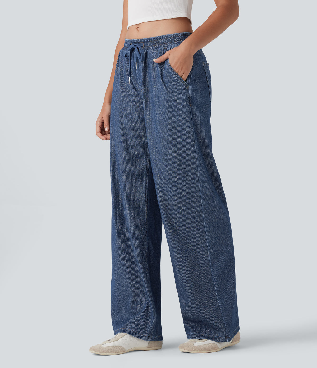 Halara Flex™ Low Rise Drawstring Wide Leg Sparkle Casual Sweatpants Jeans with Pockets - Tide Blue Denim