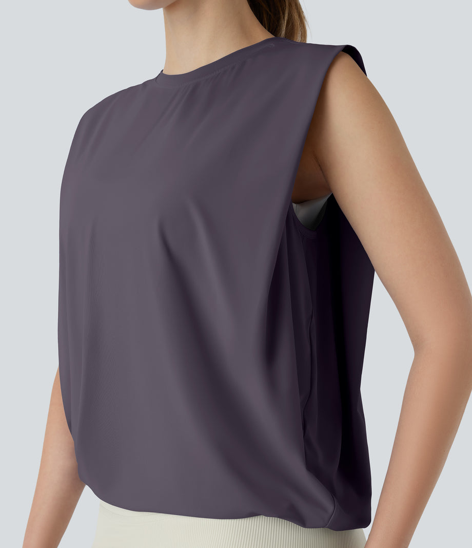 Round Neck Ruched Cool Touch Yoga Tank Top-UPF50+ - Vintage Violet