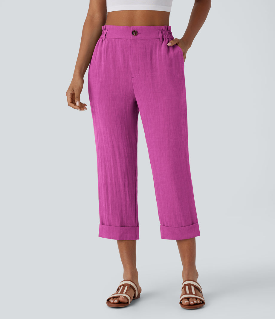 High Waisted Zipper Pocket Cropped Linen-Feel Pants - Rose Violet