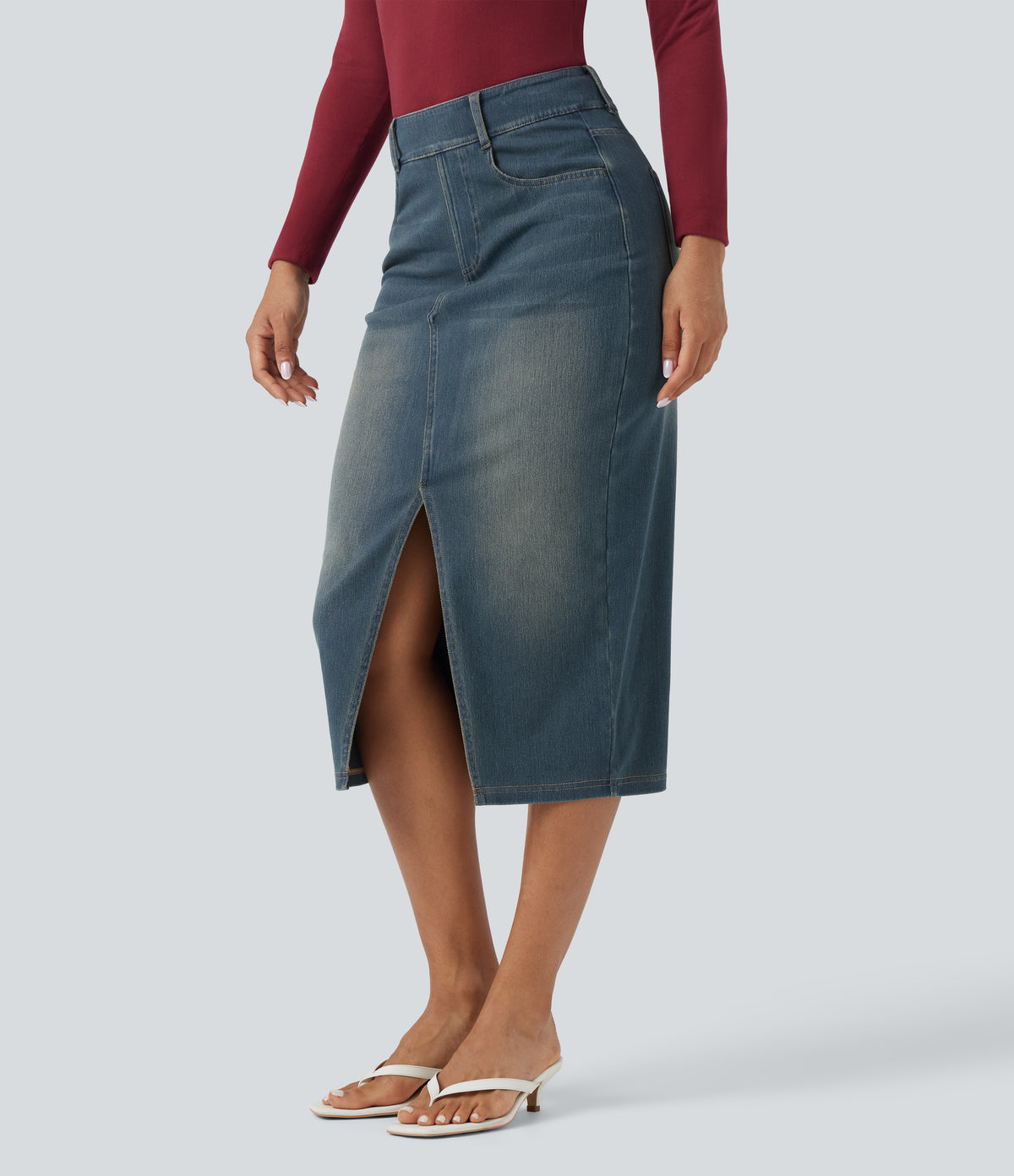 Halara Flex™ High Waisted Pockets Bodycon Washed Denim Casual Midi Skirt - Cement Blue Denim