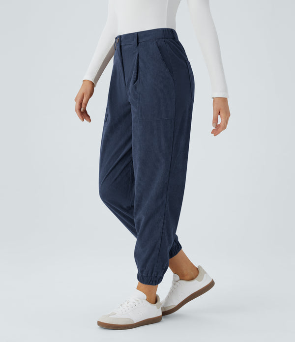 Mid Rise Zipper Pockets Corduroy Casual Joggers - Foggy Blue