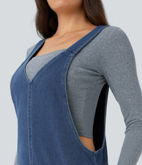 Halara Flex™ V Neck Pocket Washed Denim Casual Overalls - Frost Blue Denim