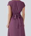 Breezeful™ V Neck Short Sleeve Pocket Tie Back Quick Dry Midi Casual Dress - Amaranth