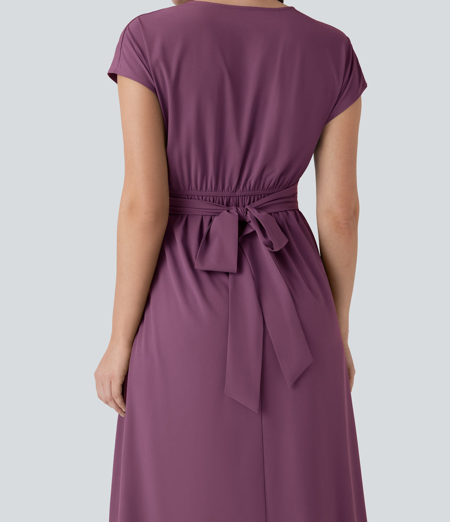 Breezeful™ V Neck Short Sleeve Pocket Tie Back Quick Dry Midi Casual Dress - Amaranth