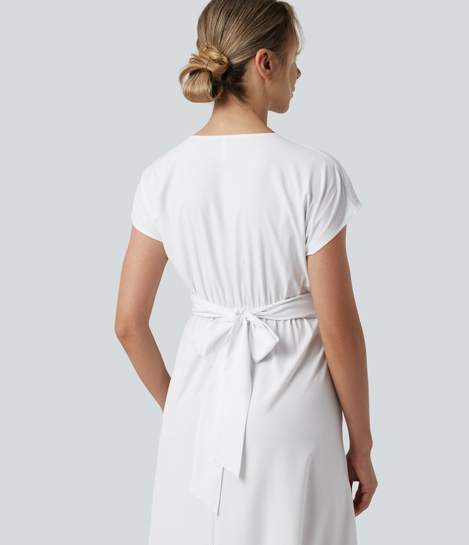 Breezeful™ V Neck Short Sleeve Pocket Tie Back Quick Dry Midi Casual Dress - White