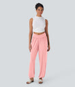 Crossover High Waisted Pocket Drawstring Casual Joggers - Creole Pink Floral Yarn