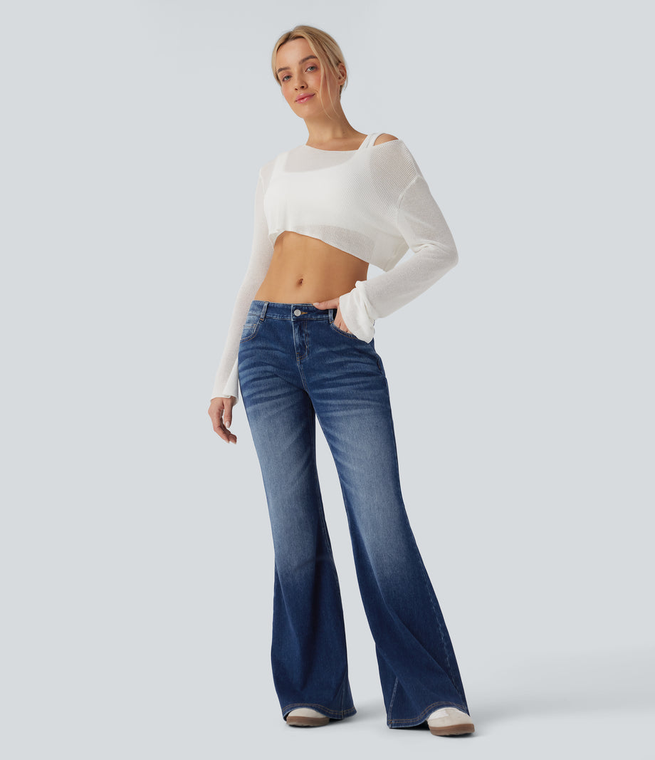 Halara Flex™ Low Rise Flare Washed Casual Jeans with Pockets - Estate Blue Denim