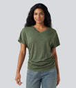 V-neck Short Sleeve Ruched Relaxed Casual Top - Light Green Floral Yarn