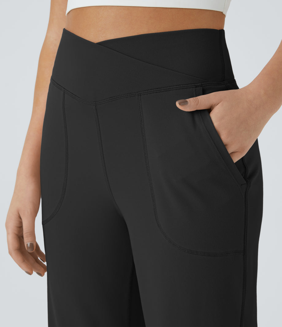 DayStretch Crossover Pocket Hem Wide Leg Yoga Pants-Smile - Black