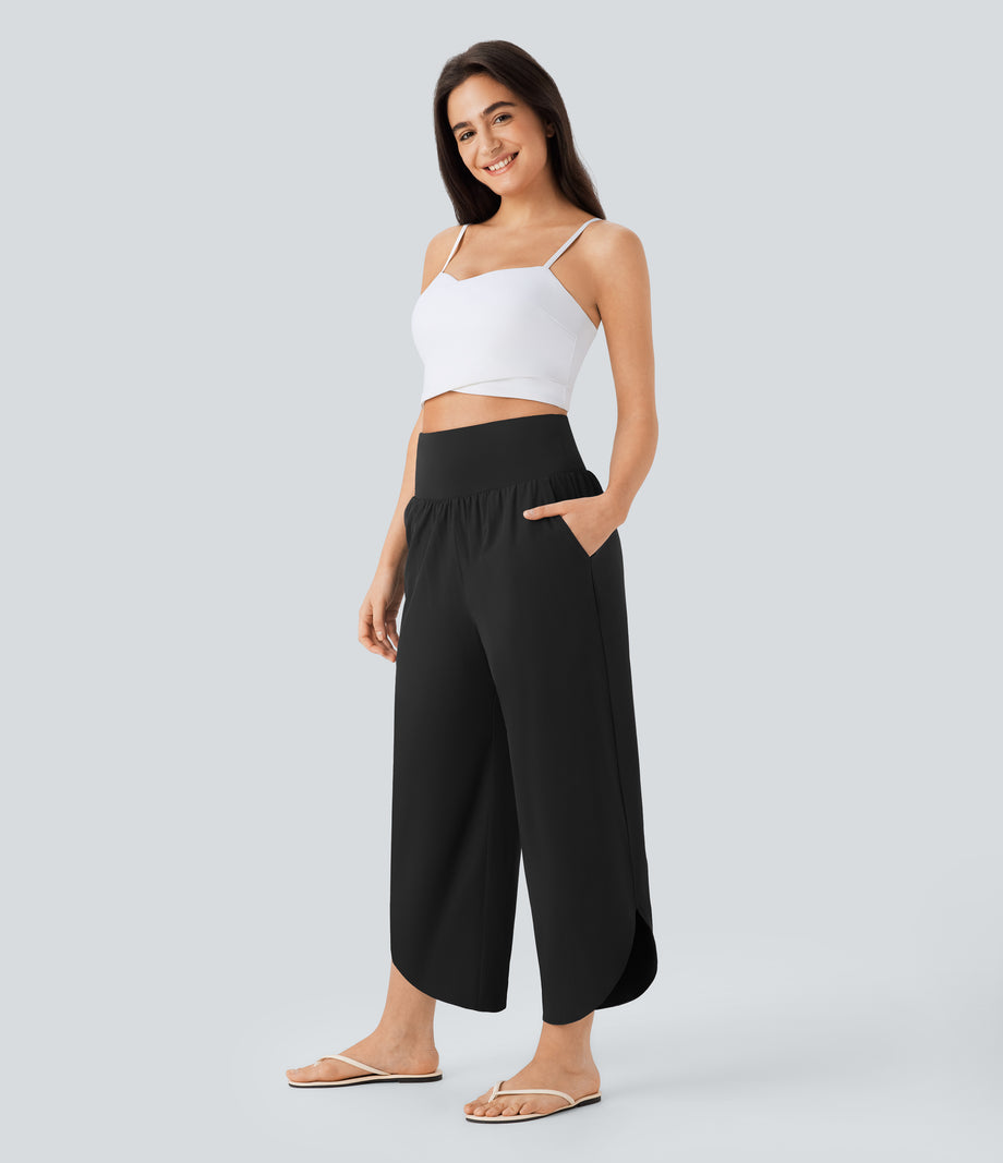 Breezeful™ High Waisted Tummy Control Split Hem Quick Dry Resort Pants with Pockets - Black