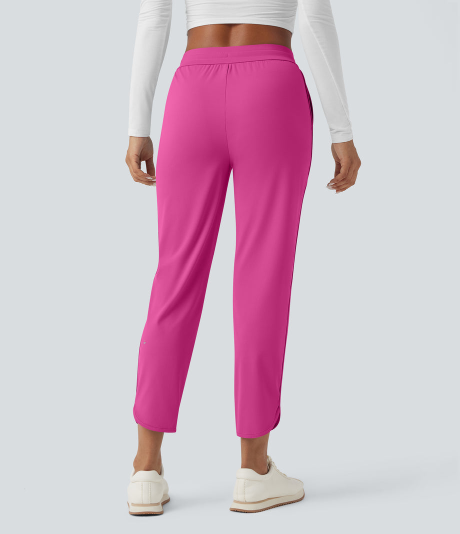 Mid Rise Drawstring Curved Hem Quick Dry Golf Tapered Pants with Pockets-UPF40+ - Fuchsia Fedora