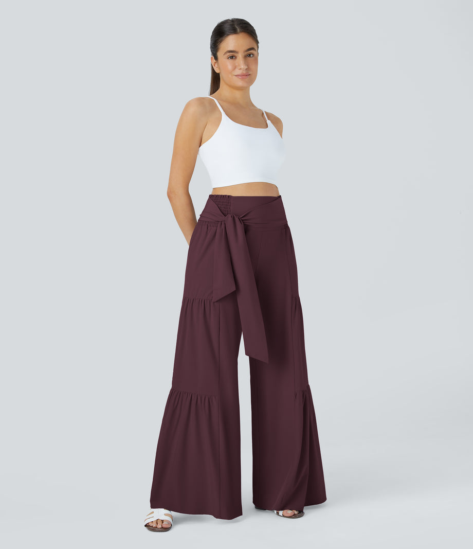 Breezeful™ High Waisted Shirred Tie Front & Back Wide Leg Flowy Quick Dry Casual Pants - Deep Crimson