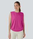 Round Neck Ruched Cool Touch Yoga Tank Top-UPF50+ - Fuchsia Fedora