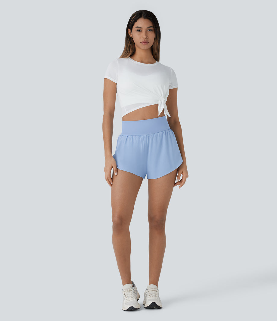 SoftlyZero™ QuickDry High Waisted Tummy Control Reflective Dots Crossover Hem 2-in-1 Running Shorts 3'' with Pockets - Sky Blue
