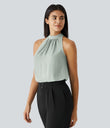 Keyhole Back Halter Sleeveless Curved Hem Work Blouse - Pale Clay Green