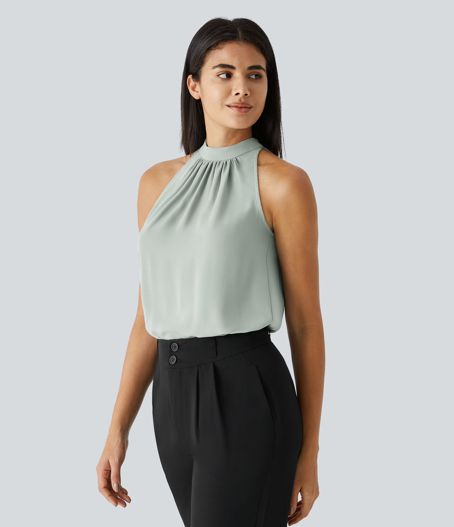 Keyhole Back Halter Sleeveless Curved Hem Work Blouse - Pale Clay Green