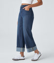 Halara Flex™ High Waisted Pockets Rolled Hem Wide Leg Washed Casual Jeans - Paint Blue Denim