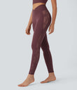 SoftlyZero™ High Waisted Crossover Contrast Lace Pocket Yoga Leggings-UPF50+ - Red Mahogany