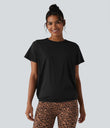 Round Neck Short Sleeve Ruched Cool Touch Yoga Sports Top-UPF50+ - Black
