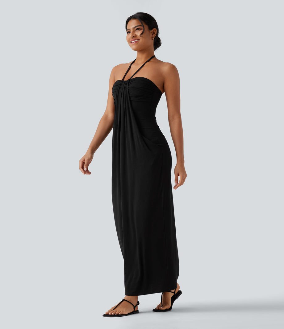 Halter Tie Back Maxi Dress with Pockets - Black