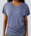 V-neck Short Sleeve Ruched Relaxed Casual Top - Light Blue Floral Yarn