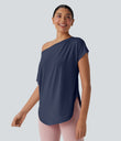 One Shoulder Short Sleeve Curved Hem High Low Quick Dry Yoga Sports Top - Mood Indigo