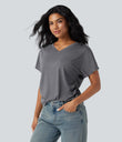 V-neck Short Sleeve Ruched Relaxed Casual Top - Darl Gray Floral Yarn
