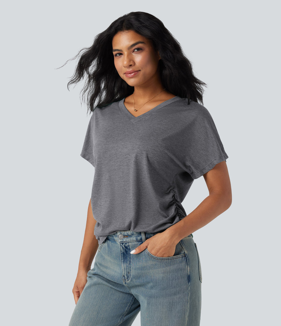 V-neck Short Sleeve Ruched Relaxed Casual Top - Darl Gray Floral Yarn