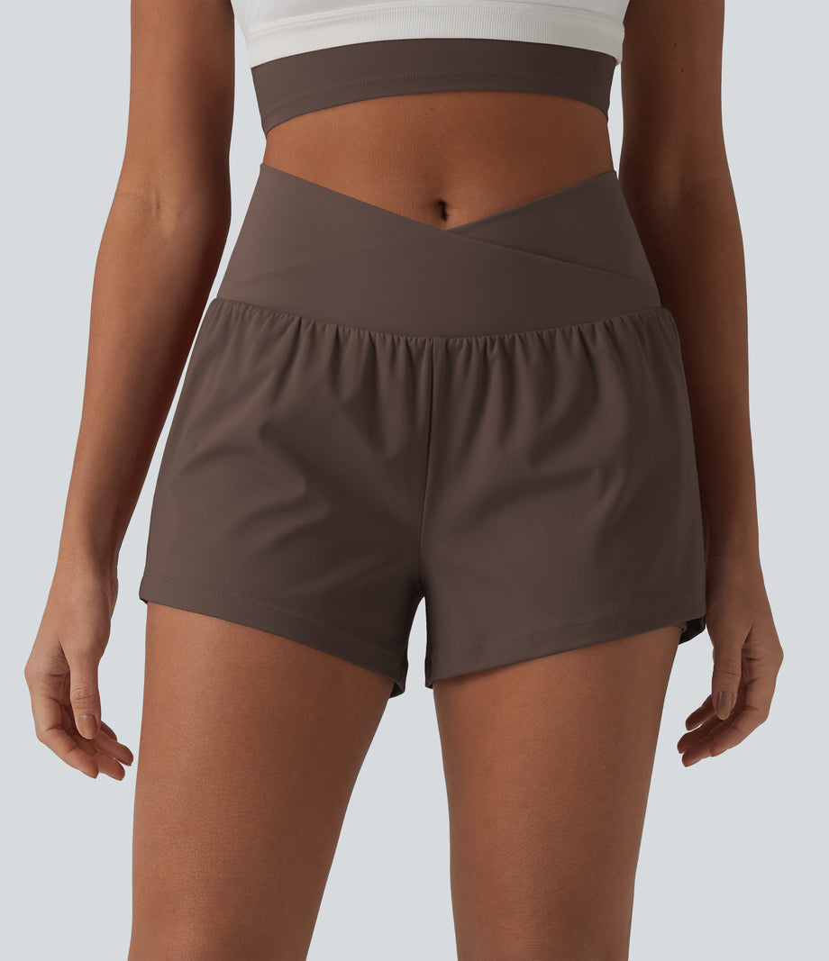 SoftlyZero™ Airy Crossover High Waisted 2-in-1 Cool Touch Yoga Shorts 3'' with Pockets - Chocolate Martini