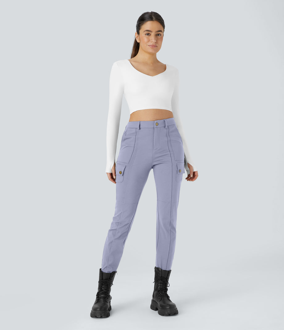 DayStretch High Waisted Zipper Pockets Solid Skinny Cargo Pants - Icelandic Blue