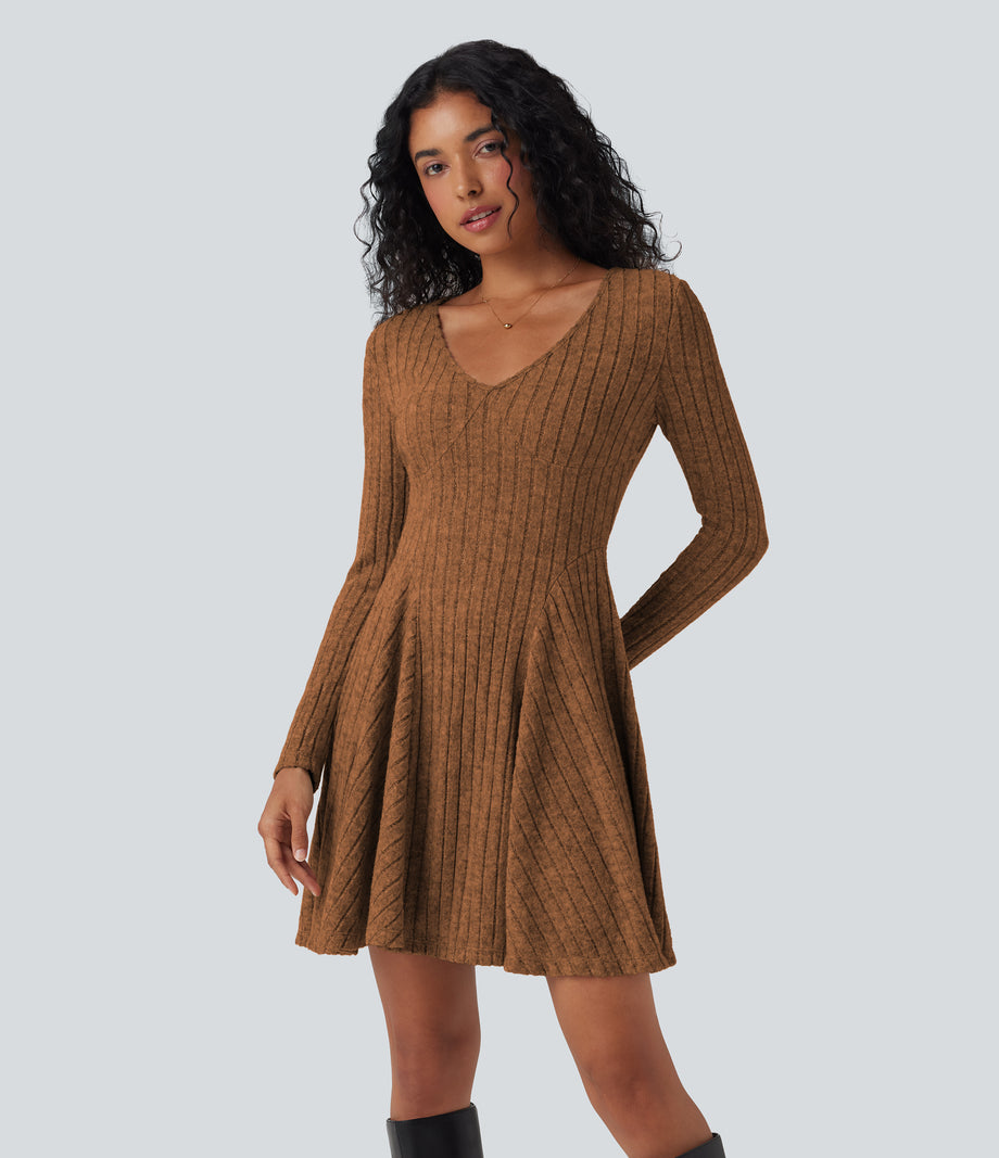 Ribbed Knit V Neck Long Sleeve Flare Mini Casual Dress with Pockets - Orange Floral Velvet
