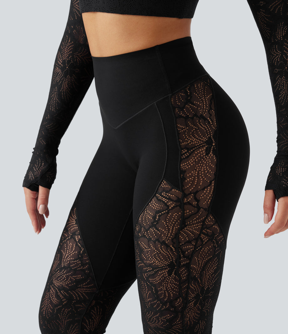 Halara UltraSculpt™ High Waisted Tummy Control Contrast Lace Yoga Flare Leggings with Pocket - Black