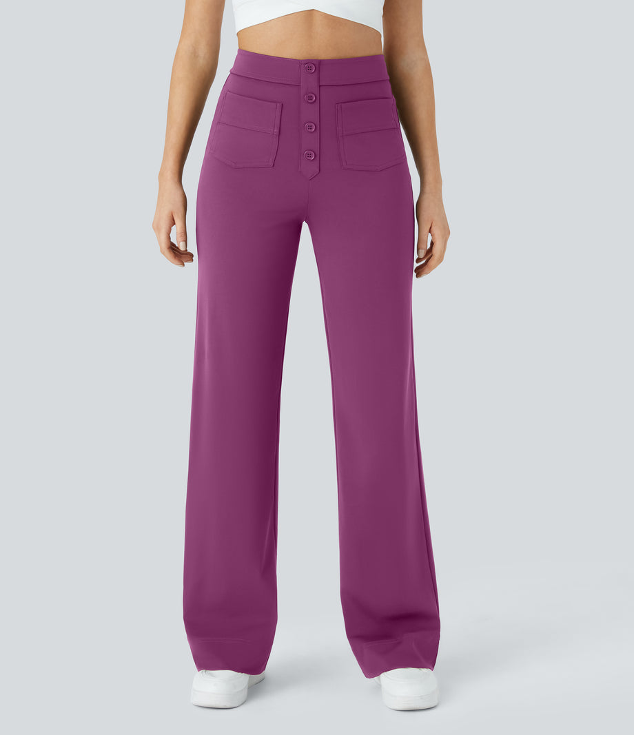 DayStretch High Waisted Pockets Straight Leg Casual Pants - Deep Orchid