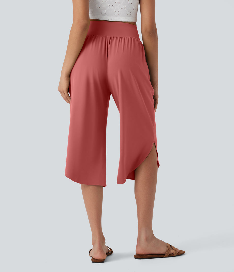 Breezeful™ High Waisted Tummy Control Hem Quick Dry Capri Pants with Pockets - Kapok Red