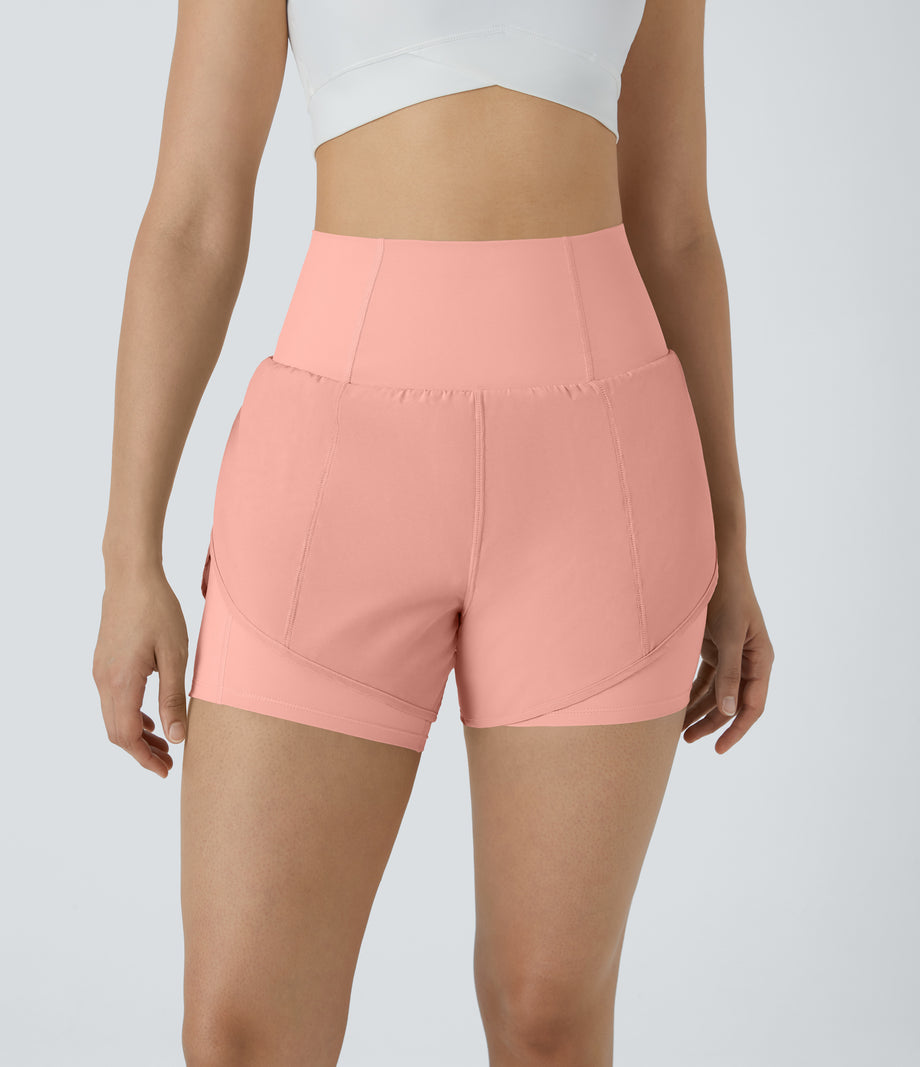 Breezeful™ Super High Waisted Curved Hem 2-in-1 Pocket Quick Dry Yoga Shorts 3.5'' - Peach Melba