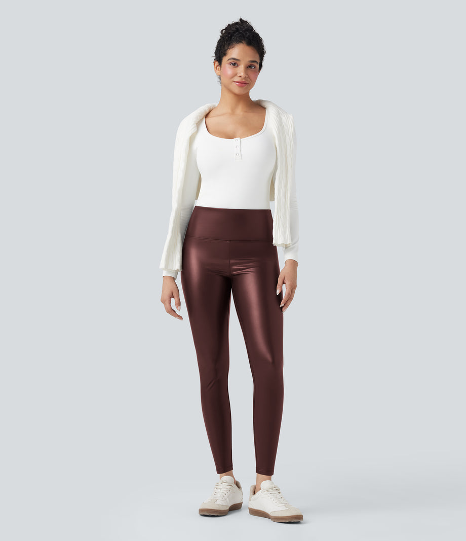 High Waisted Tummy Control Stretchy PU Fleece 7/8 Skinny Casual Leggings with Pockets - Andorra