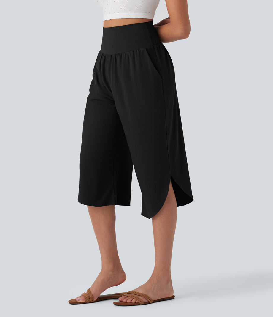 Breezeful™ High Waisted Tummy Control Hem Quick Dry Capri Pants with Pockets - Black
