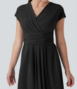 Breezeful™ V Neck Short Sleeve Pocket Tie Back Quick Dry Midi Casual Dress - Black