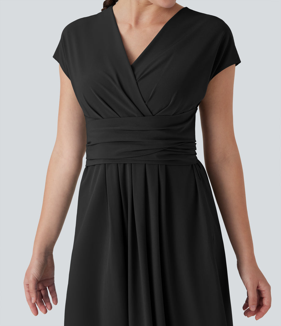 Breezeful™ V Neck Short Sleeve Pocket Tie Back Quick Dry Midi Casual Dress - Black