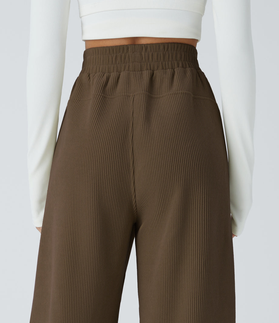 High Waisted Pocket Straight Leg Baggy Mop Corduroy Casual Pants - Dark Earthy Brown